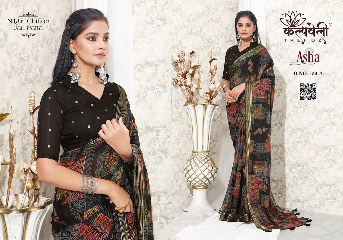 Asha 54 By Kalpatru Printed Nilgiri Chiffon Sarees Wholesale Shop In Surat